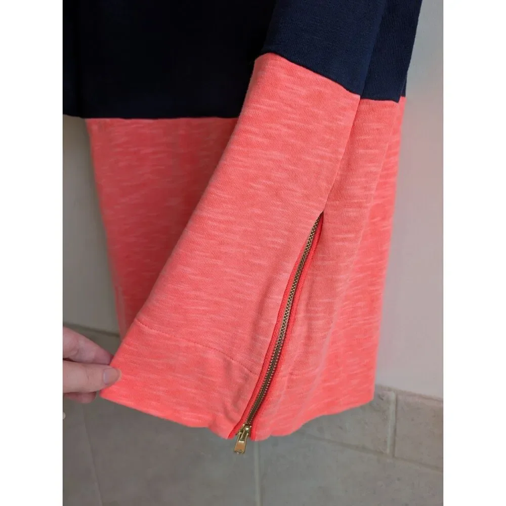 J.Crew Navy Coral Colorblock 100% Cotton Boat Neck Shift Dress XS 3/4 Sleeve